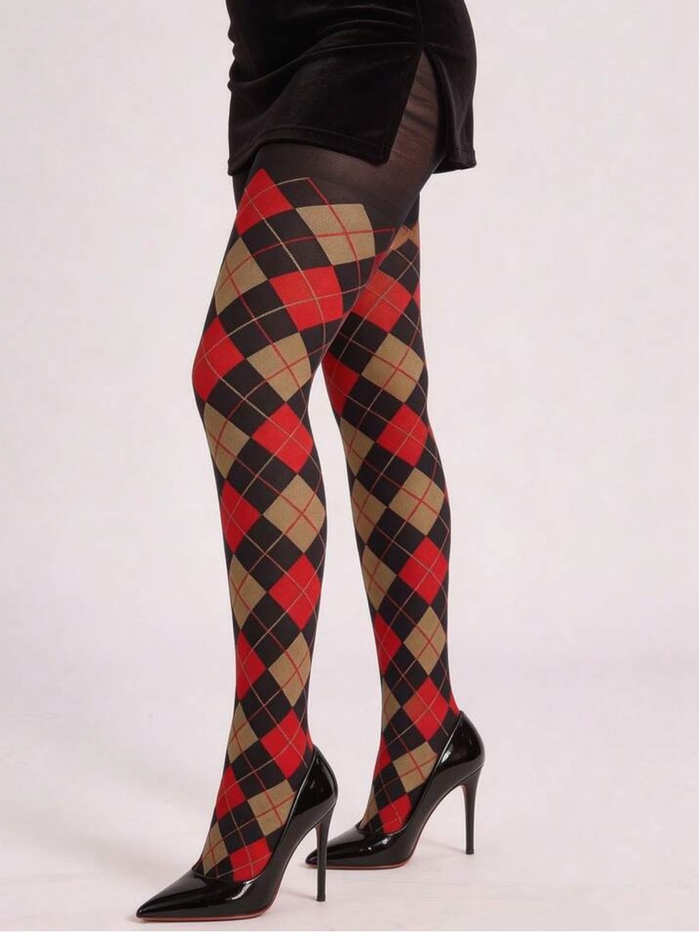Argyle Preppy Diamond Pattern Tights - Red, Black & Khaki